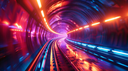 A futuristic tunnel scene with bright, flowing lines and light flares, showcasing a dynamic motion effect and glowing colors in a sci-fi setting