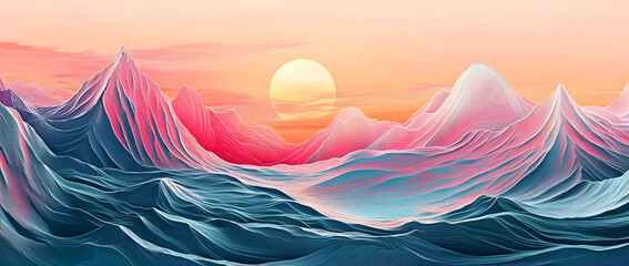 Poster - Paintings with line art and paint. Abstract ocean wave and mountain contemporary aesthetic backgrounds landscapes. With sea and skyline.