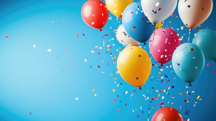 Colorful inflatable balloons with metallic confetti on a blue background. Background for a greeting card in flat-light style, birthday or party