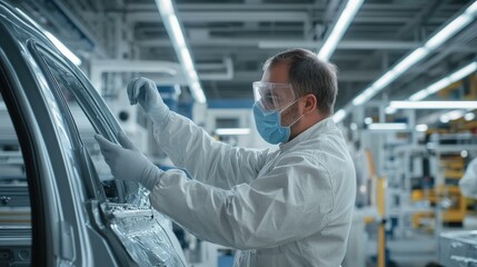 car painter and male mechanic working with a spray gun, painting auto body in a professional automotive paint service shop, vehicle repair, copy space