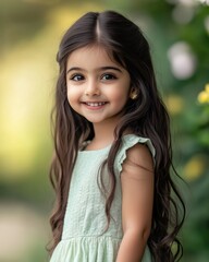 Smiling young girl in a green dress surrounded by a floral background, outdoors.