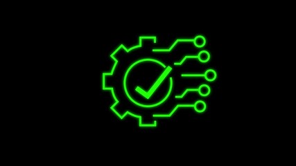 Technology development, cogwheel and check mark, innovation concept, system integration, software business, technical support, smart solution. linear icon isolated on black background.