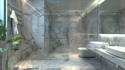 Canvas Print - Modern Bathroom Interior with Glass Shower and Marble Walls