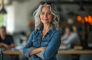 Confident middle-aged woman with gray hair wearing casual denim jacket and sunglasses in modern workspace