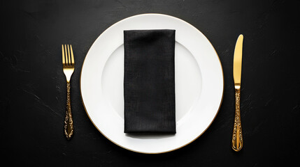 Wall Mural - Minimalist served white plate with golden fork and knife, copy space, black background. Generative AI