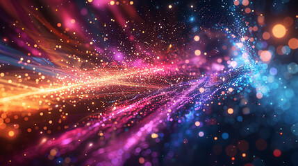 An abstract design with sparkling rays and glittering effects, emphasizing bright neon colors and energy, set against a dark, space-like background