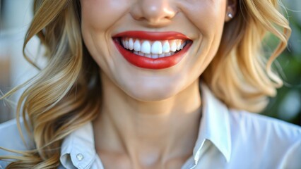 Close-up of a woman's smile, highlighting her healthy white teeth and glossy lips.






