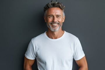 Happy confident handsome healthy mature older man, smiling middle aged male model wearing white t-shirt standing isolated on gray background advertising skin care and dental smile