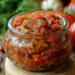 © video rost - A vibrant jar of homemade tomato relish packed with chopped tomatoes, herbs, and spices, offering a delicious condiment option for savory dishes. The relish is displayed in a glass jar, perfect for