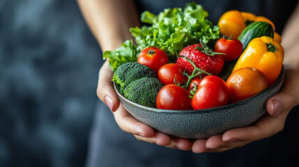 Poster - woman's hand gently holds an assortment of fresh fruits and vegetables, symbolizing health, abundance, and a connection to nature's nourishing bounty. Represents sustainability and mindful living