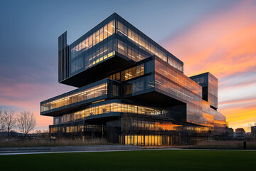 Poster - Modern, multi-level glass building with lighted interiors during sunset, featuring a unique, stacked architectural design with clear skies and ambient lighting.