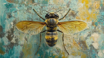 Wall Mural - Close Up of a Bee with Golden Wings on a Blue and Green Background