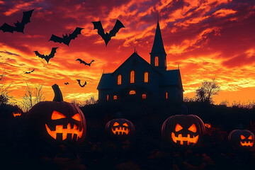 Sticker - Against a sunset sky, a silhouetted haunted house has Jack-o'-Lanterns