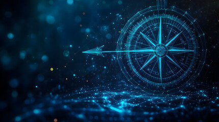 Goal compass success digital technology. Business strategy achievement. Compass wireframe in low poly. Aiming for the target on a blue dark background. Modern illustration digital fantasy.