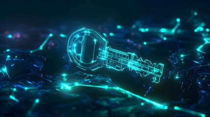 Wall Mural - futuristic digital key floating over a cyber network with glowing connections