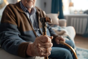 Elderly man sits on couch holding cane with brown, gold handles. Blue, white striped shirt, beige wall, white curtain, window. Senior man with walking stick, casual attire, at home, indoor setting.