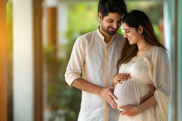 Happy young Indian couple expecting baby. Man, woman stand together, smiling, dressed in casual attire. Woman hand held by man, both looking into distance. Window with curtain, plant in background.