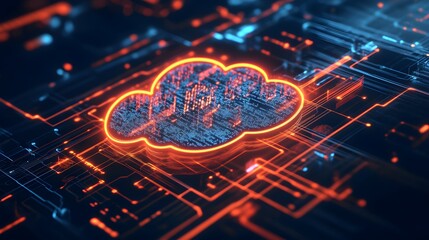 Wall Mural - glowing cloud icon with data circuits in futuristic technology concept