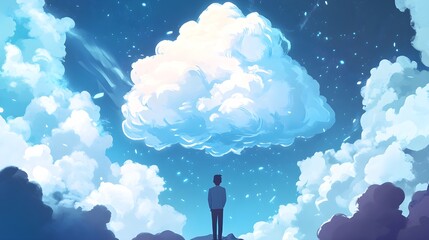 Wall Mural - man standing under a bright digital cloud in a starry sky