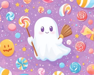 Cute Ghost with Broomstick Surrounded by Candy