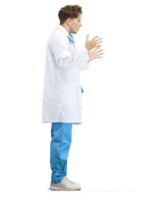 The doctor, in full height, on a white background, is shocked