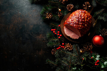 Wall Mural - Christmas baked ham on dark background. Copy space