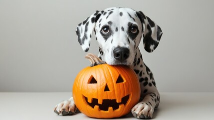 Wall Mural - cute dalmatian dog with halloween pumpkin isolated on white background