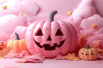 Wall Mural - glowing pink jack-o'-lantern in a dreamy halloween scene with stars hanging from the sky generative 