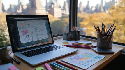 Poster - A creative remote workspace with sticky notes, colorful pens, an open laptop, and sketches scattered across a wooden desk, with a window view