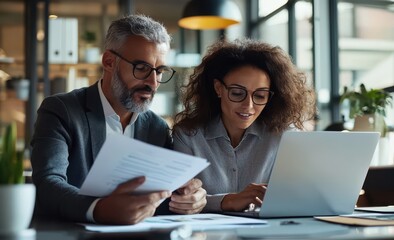 Poster - Two business professionals collaborating in an office, reviewing documents and discussing strategies while using a laptop