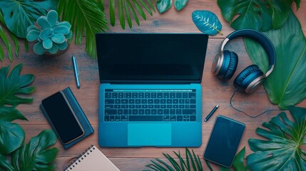 Poster - A flat lay of remote work essentials on a rustic wooden table, featuring a laptop