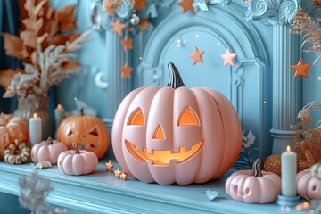 Wall Mural - glowing pink jack-o'-lantern in a pastel cloud-filled scene with stars and a crescent moon generativ