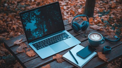 Poster - A flat lay of remote work essentials on a rustic wooden table, featuring a laptop