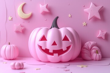 Wall Mural - pink jack-o'-lantern with stars, clouds, and crescent moon in a whimsical halloween scene generative
