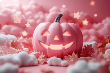 Wall Mural - pink jack-o'-lantern with stars, clouds, and crescent moon in a whimsical halloween scene generative