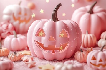 Wall Mural - pink jack-o'-lantern with stars, clouds, and crescent moon in a whimsical halloween scene generative