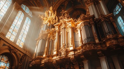 Poster - A grand organ in an old cathedral, its pipes stretching high up towards the ceiling, bathed in golden light 