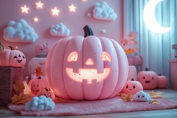 Wall Mural - pink jack-o'-lantern with stars, clouds, and crescent moon in a whimsical halloween scene generative