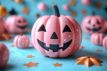 Wall Mural - glowing pink jack-o'-lantern with star-shaped eyes in a magical setting with sparkling lights genera