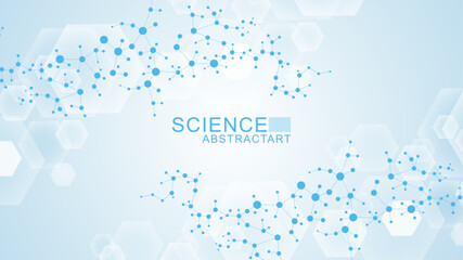 Poster - Modern abstract molecules structure for science or medical background. DNA helix or atom visualization. Molecular wave flow abstract background. Vector illustration