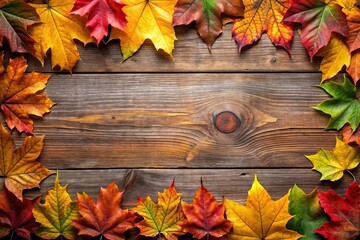 Hello Autumn long horizontal border of colorful leaves high angle view