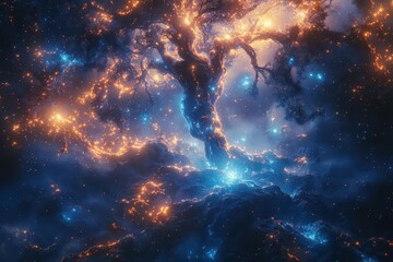 Wall Mural - cosmic garden of bioluminescent alien flora floating in deep space ethereal tendrils of blue energy 