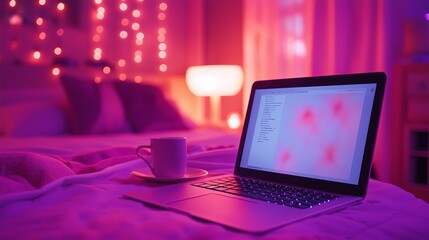Poster - A modern remote work desk setup in a cozy bedroom, with a laptop, soft lighting from a bedside lamp, a cup of coffee