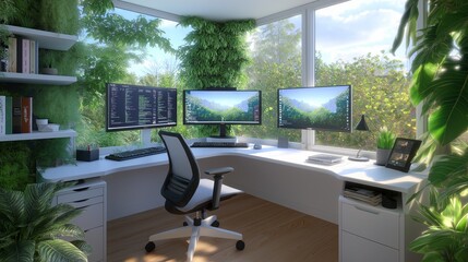 Aufkleber - A modern workspace with dual monitors, a clean white desk, a comfortable ergonomic chair