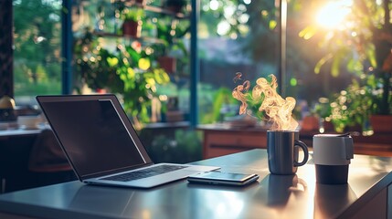 Poster - A remote work setup in a modern kitchen, with a laptop placed on a sleek island, a cup of coffee 