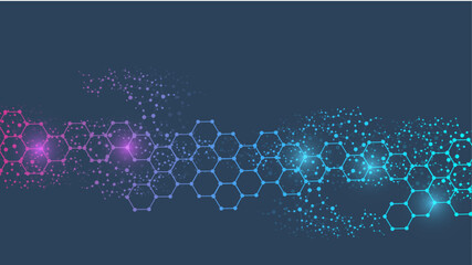 Wall Mural - modern scientific background with hexagons, lines and dots. wave flow abstract background. molecular