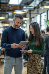 Poster - Two professionals discussing work on a digital tablet in a modern office setting with a collaborative and friendly atmosphere.