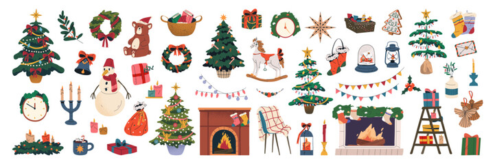 Set of home decor items for winter holidays. Vector stickers or clip arts. New year and Christmas home decorations. Traditional festive elements or cozy interior objects for house. Fir tree and toys.