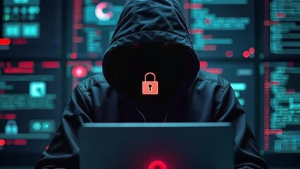 Poster - Unrecognizable Man Hacker is Wearing Sweatshirt with Hood is Typing on Laptop Computer Keyboard on Wood Table. Dangerous Hooded Computer Hacker Breaking Cyber System. 