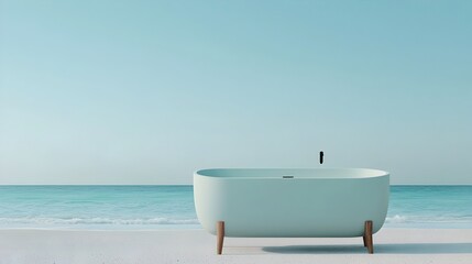 Wall Mural - A sleek freestanding bathtub sitting on a sandy beach with the calm ocean waves gently lapping at the shore and the soft glow of the sunrise illuminating the tranquil scene